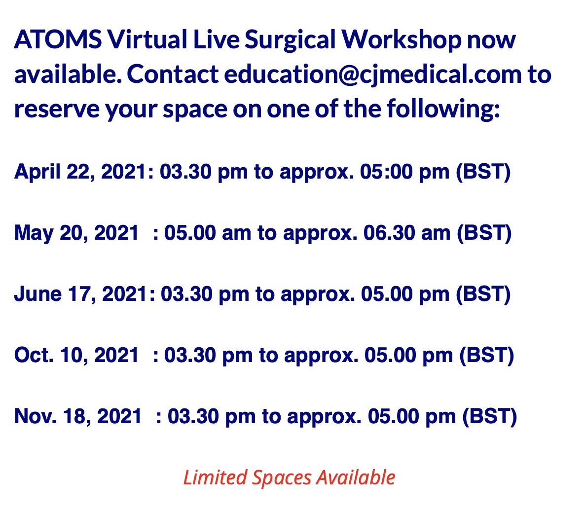 cjmedicaluk's tweet photo. #ATOMS Virtual Surgical Workshops now available Contact education@cjmedical.com to reserve your space or click to learn more: https://t.co/PNTtjBAZSI

#Urology #BAUS #SUI #maleurinaryincontinence https://t.co/KdoFVWqmQH