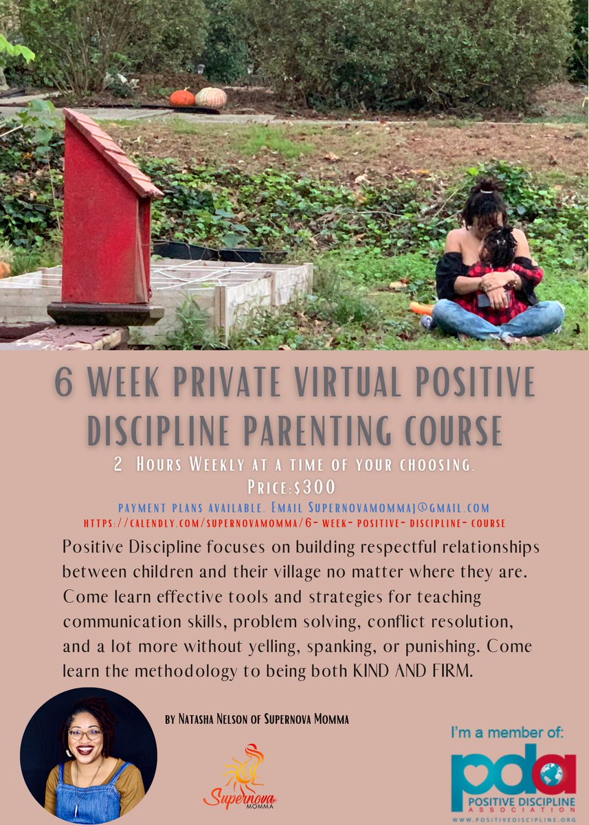 Hi! I’m Tash, I’m a Certified Positive Discipline Parent Educator. I host virtual courses and workshops that help introduce and teach parents, specifically Black and Neurodiverse parents, positive discipline.  https://supernovamomma.com/positive-discipline-workshop/