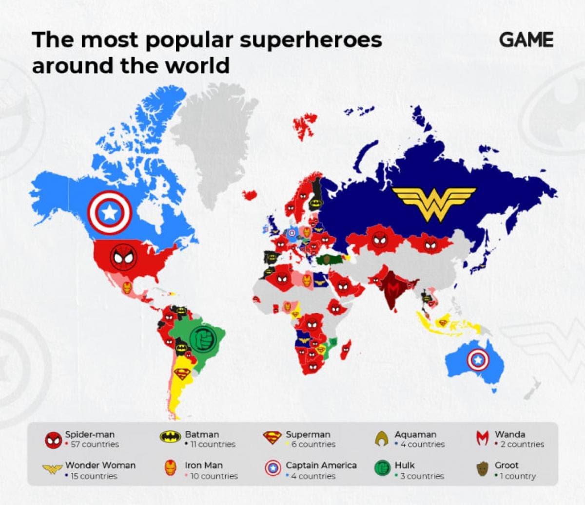 Mapa de los superhéroes más populares por países. 1) Que en España no sea Spiderman me parece fatal. 2) ¿En EEUU no es Capitán America? Mapa sacado de un artículo de @hobby_consolas