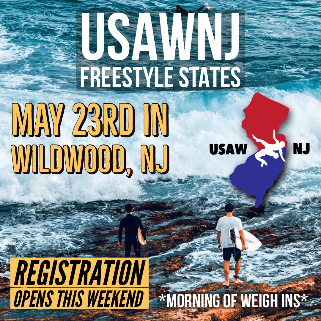 Get your plans set!  All divisions and weights for NJ Freestyle States will be on Sunday, May 23rd at the Wildwood Convention Center.