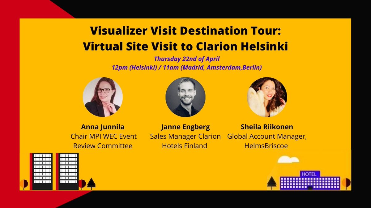 Thursdays @12 Helsinki/11am CET
Visualizer Visit Destination Tour: Virtual site visits to Clarion Hotel Helsinki with sales manager Janne Engberg. Register: https://t.co/FZIfwSnyDb #VirtualSiteVisit #DigitalVenue https://t.co/CeKuTDkmQo