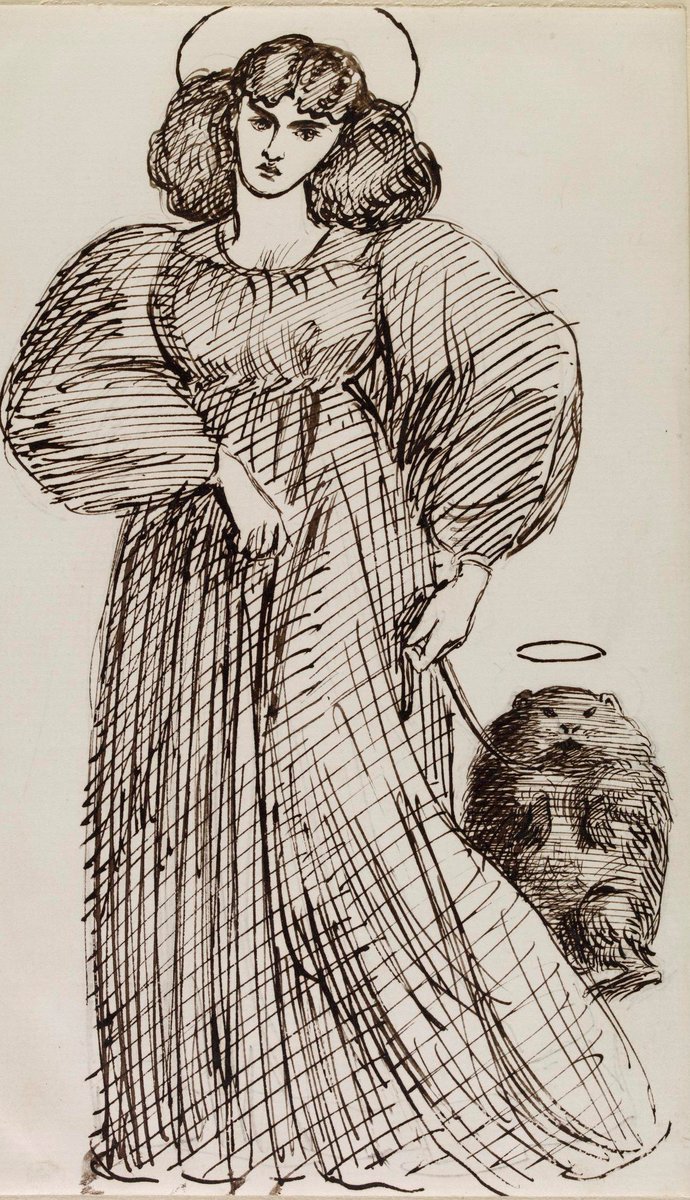  #NationalPetMonth continues. For  #WombatWednesday here's Dante Gabriel Rossetti's 1869 sketch of Jane Morris taking his pet wombat Top out for a walk on a leash, both haloed. Pre-Raphaelite Val Prinsept: "Wombats were the most beautiful of God’s creatures" (British Museum)