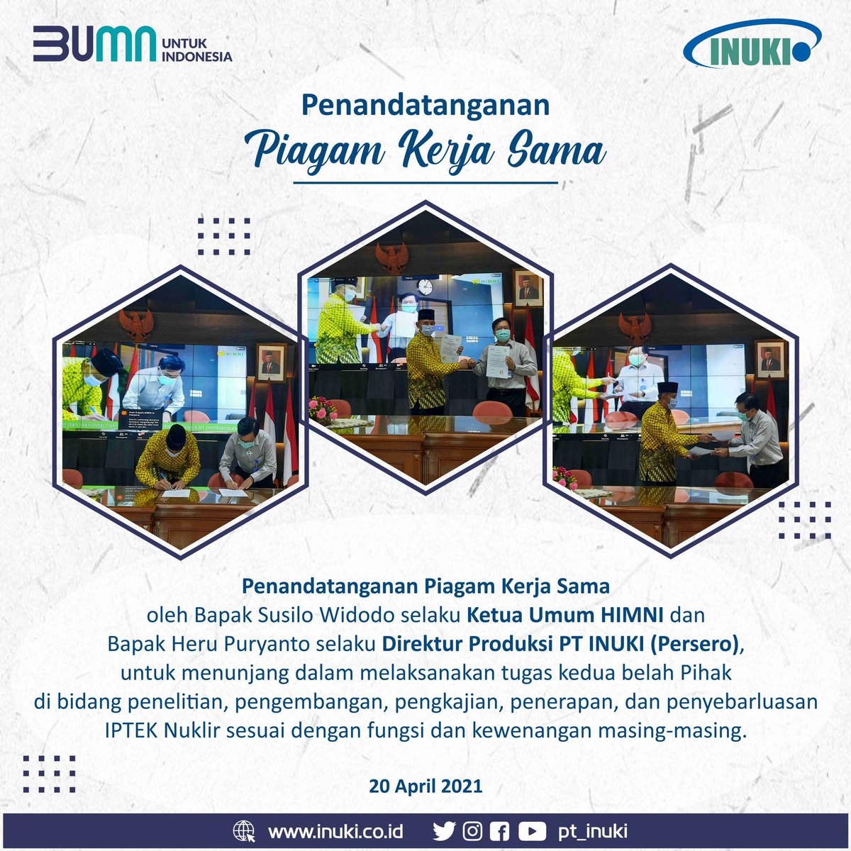 Hai #SobatINUKI

Selasa, 20 April 2021. Bapak Heru Puryanto selaku Direktur Produksi dan Pemasaran PT INUKI melakukan penandatanganan Piagam Kerja Sama antara PT INUKI dengan Ketua Umum HIMNI, Bapak Susilo Widodo.

#HUTHIMNIke26
#BUMNuntukIndonesia
#akubanggaprodukindonesia
