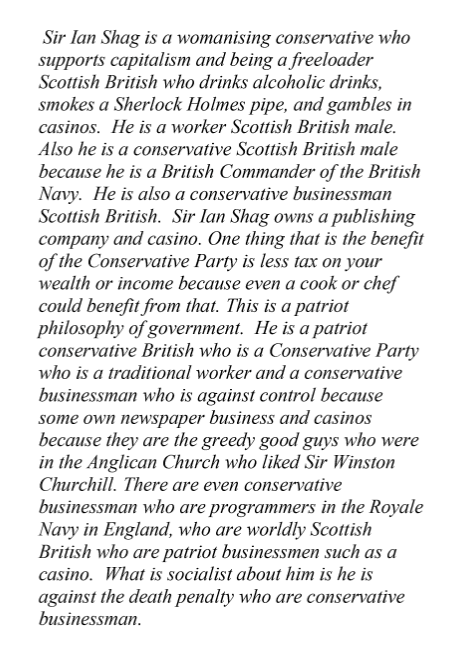 So let's start with "The Traditional Commander"! This introduces Commander Ian Shag, an idiot of the British Navy (that means even with the ladies)Ian Shag's bio here seems remarkably similar to Roger Londoniary's. Inevitably, he is a Tory