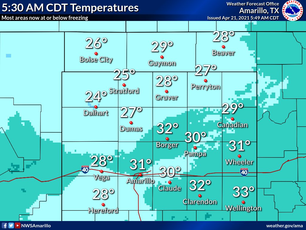 NWSAmarillo's tweet photo. Latest 5:45 AM CDT observations show temperatures at or below freezing across most of the Panhandles. Make sure to bundle up if your heading out this morning. Temperatures will get above freezing as we go into the mid morning hours. #phwx #TXwx #OKwx https://t.co/S71E0nsZmR