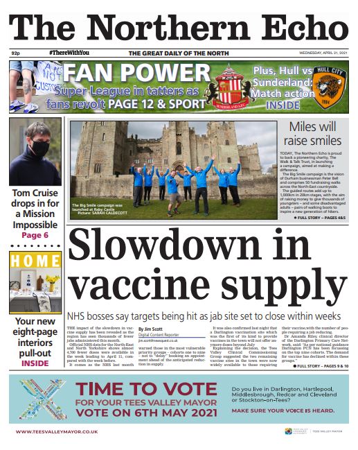 WalkTalkTrust's tweet photo. Thank you @KarlDHolbrook, @TheNorthernEcho and @PeteBarronMedia for the front page feature today! https://t.co/pkX8CAqBzk