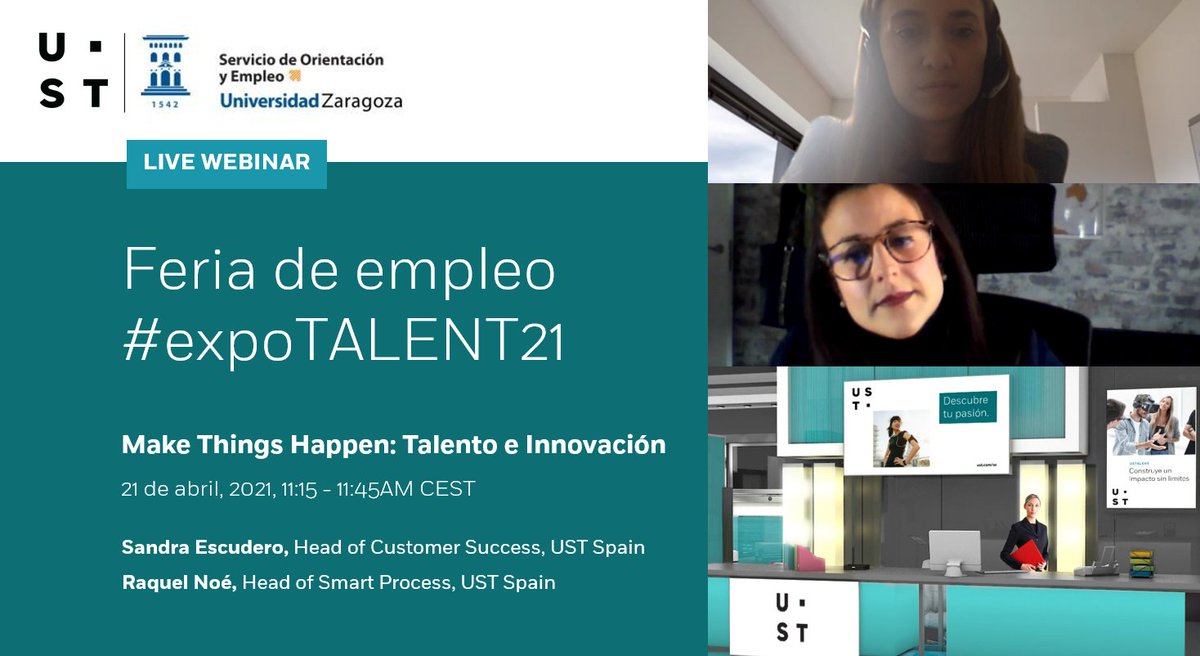 Muchas gracias a todos los asistentes de "Make Things Happen: Talento e Innovación" y a nuestras expertas <a href="/SandraEscS/">Sandra Escudero Sánchez</a> y <a href="/RNoeMartinez/">Raquel Noé Martínez</a> por hacerlo posible!

Nuestro stand virtual seguirá activo durante todo el día ¡Te esperamos! 👉🏼 bit.ly/3dyQqRJ

#USTalent #expoTALENT21