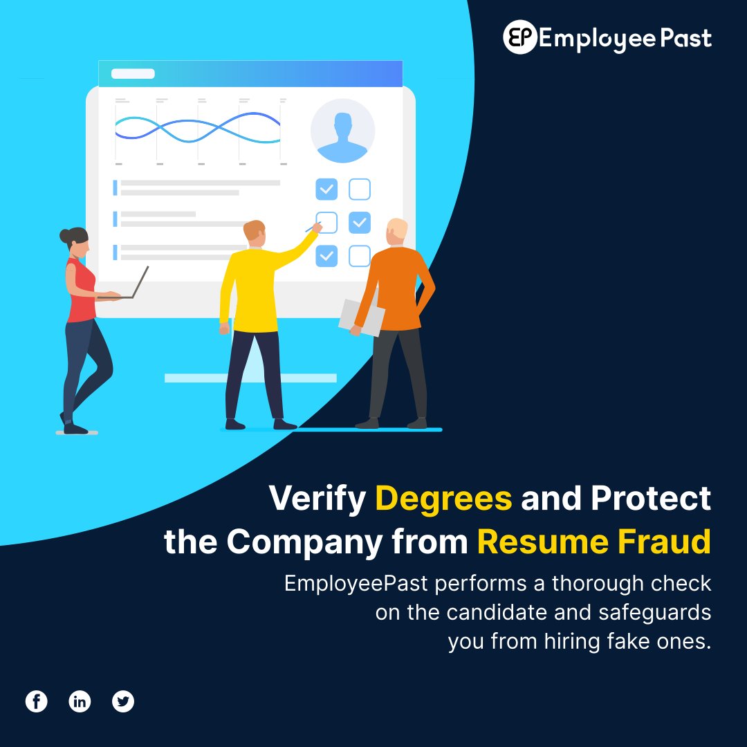 employeepast's tweet photo. There are several reasons an employee can lie about their employment or qualification on their resumes.
Want to ensure you are hiring the right candidate?
@employeepast offers verification services that safeguard you from hiring a candidate with a fake resume.
#EmployeePast https://t.co/ks3ztB3TFi