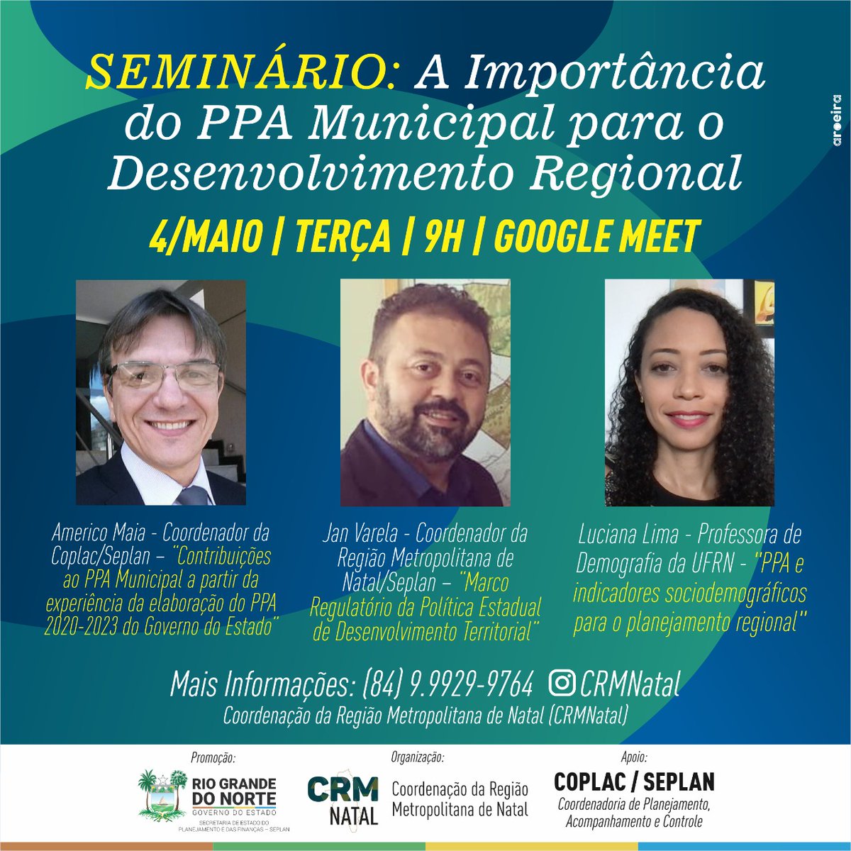 Luciana Lima, docente do <a href="/ppgdem/">Demografia UFRN</a>, é uma das palestrantes no seminário "A importância do PPA Municipal para o desenvolvimento regional". O evento ocorrerá no dia 04/05, às 9h. As inscrições podem ser feitas no link: bit.ly/3ezD1ID.