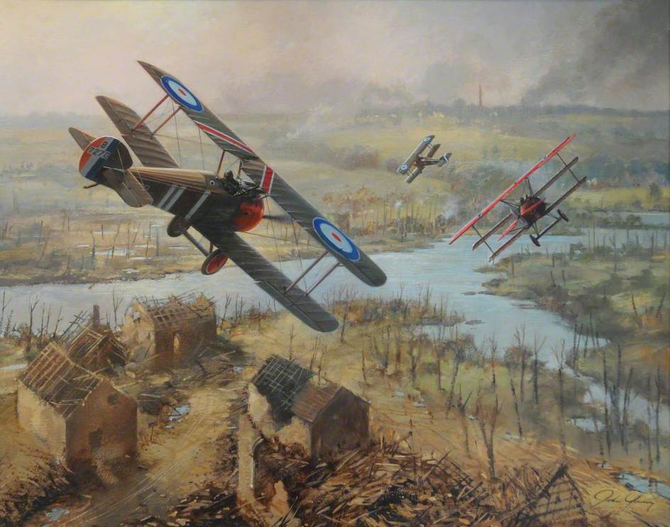 The dog fight drew close to the ground and Australian gunners targeted the Red Triplane. A single .303 bullet hit Richthofen in the middle of his chest. His aircraft stalled and dived into a field near the Australian lines. Last Flight of Baron von Richthofen RAF Museum3/15