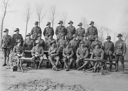 Australian gunners (especially Sgt Cedric Popkin of the 24th Machine Gun Company) have also been credited for bringing down the ace. Twice he fired at Richthofen with his Vickers gun. Tweed Museum TH85-31AWM E01716 - 24th MG Coy, Popkin is middle row, 2nd from left.10/15