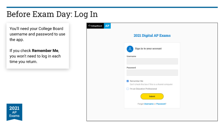 CollegeBoard's tweet photo. AP students: You'll need your College Board username and password to use the AP Exam digital testing app. Try logging in to make sure you know your credentials: https://t.co/pgwVERJvlr. https://t.co/ZhoeljQlr2