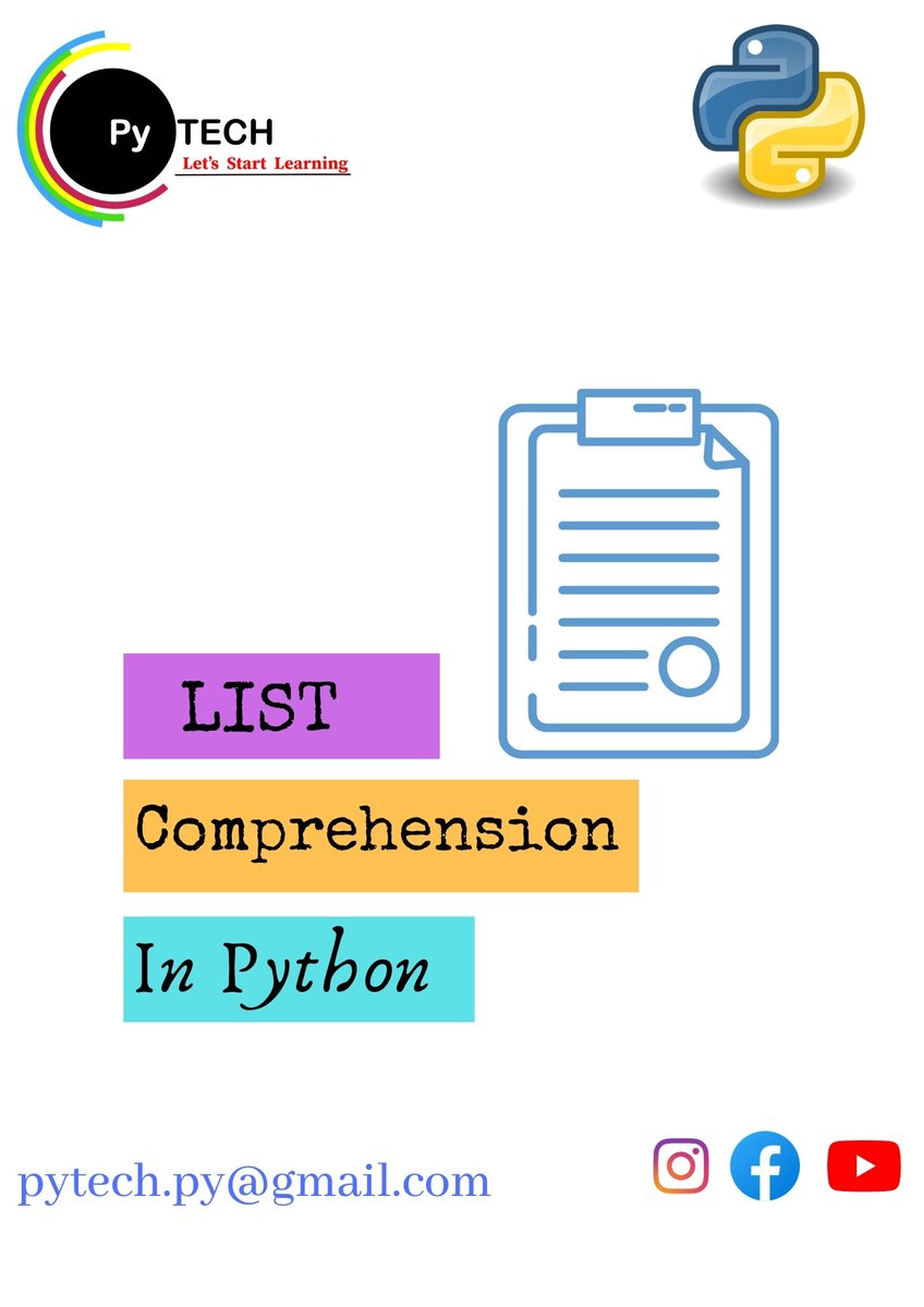 Py_Chandan's tweet image. Hi there ,
Let's start learning !!
Topic :- List comprehension
#python #advancepython#basicpython#basicpythonprogramming#elearning #pythonprogramming #pythonlearning
#python3 #list #listcomprehensions
#programmingisfun #programminglife #PyTech