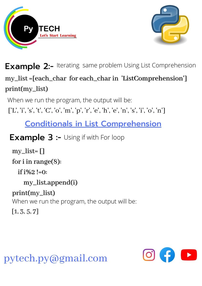 Py_Chandan's tweet image. Hi there ,
Let's start learning !!
Topic :- List comprehension
#python #advancepython#basicpython#basicpythonprogramming#elearning #pythonprogramming #pythonlearning
#python3 #list #listcomprehensions
#programmingisfun #programminglife #PyTech