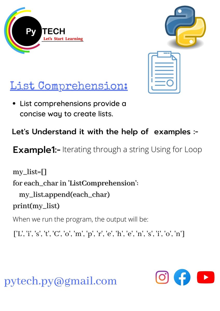 Py_Chandan's tweet image. Hi there ,
Let's start learning !!
Topic :- List comprehension
#python #advancepython#basicpython#basicpythonprogramming#elearning #pythonprogramming #pythonlearning
#python3 #list #listcomprehensions
#programmingisfun #programminglife #PyTech