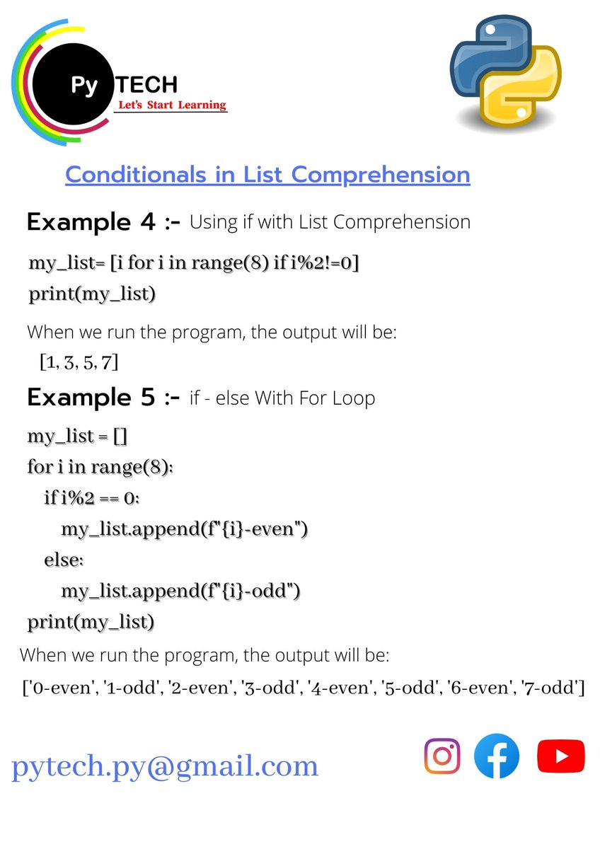 Py_Chandan's tweet image. Hi there ,
Let's start learning !!
Topic :- List comprehension
#python #advancepython#basicpython#basicpythonprogramming#elearning #pythonprogramming #pythonlearning
#python3 #list #listcomprehensions
#programmingisfun #programminglife #PyTech