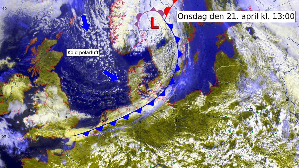 dmidk's tweet photo. Lige over middag ligger onsdagens #koldfront over den sydøstligste del af landet og der er for alvor åbnet op for den kolde #polarluft 📉 I eftermiddag omkring 10 °C, pænt med sol og lokale byger 🌦️ https://t.co/4JgRrJ8v34