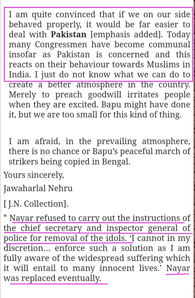 K.K Nair refused & wrote to chief secretary and to the chief minister that I am totally against this. Only a person who has no idea of the depth of the Hindu emotions on this issue can suggest this.Source: Nehru's letter to K.G. Mashruwala, 5 March, 1950.