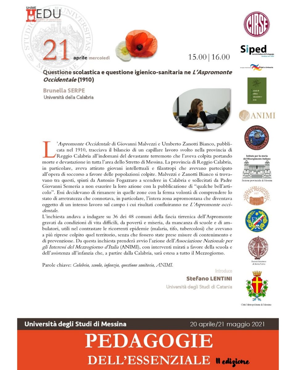 UniMeHEdu's tweet photo. Ci vediamo alle 15:00 con Brunella Serpe che ci parlerà della "Questione scolastica e questione igienico sanitaria ne l'Aspromonte Occidentale (1910)"
Link eventrbrite per iscriversi: https://t.co/YB1GzdITDT
#pedagogiedellessenziale2021 #unime #cospecs #pedagogia #storia https://t.co/392ITOqbRy