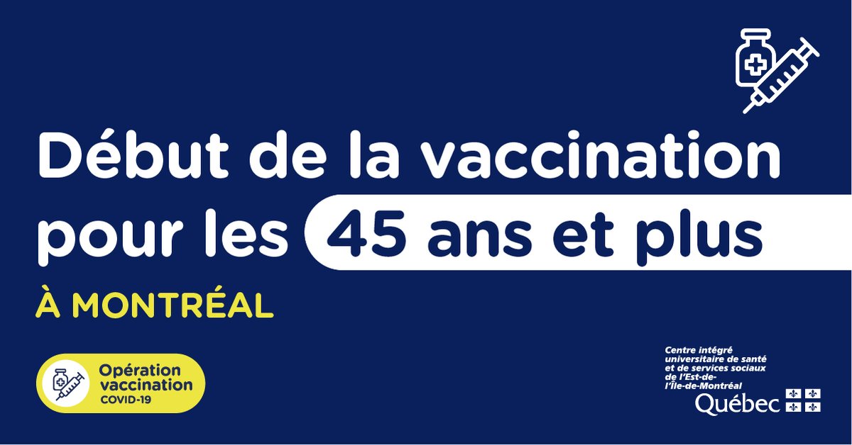 ✅ On vaccine DÈS MAINTENANT les 45 ans et plus AVEC ou SANS rendez-vous. Il s'agit du vaccin AstraZeneca. 

☃️ Notez que pour les SANS rendez-vous (au Stade olympique seulement), l'attente se fait à l'extérieur. Habillez-vous chaudement!

quebec.ca/vaccincovid