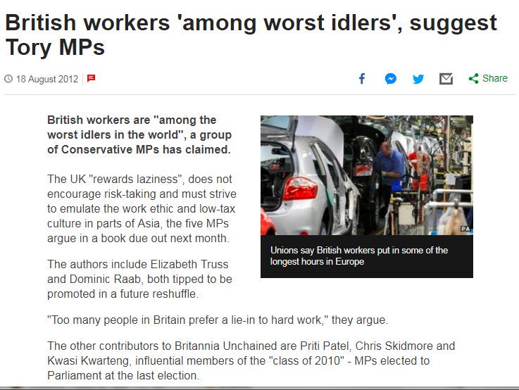 2/ Truss, Patel and Kwarteng slandered British workers as "among the worst idlers in the world" and called for Asian low taxes and an Asian work ethic. In short, a tax haven for the rich and a sweatshop for the rest of us. They are dangerous libertarian extremists.