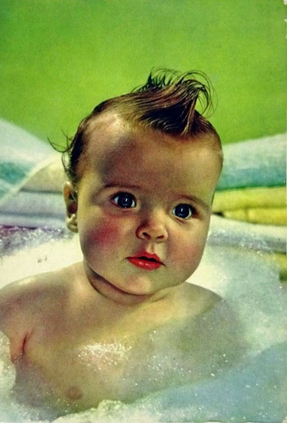 The Art of Album Covers .A vintage postcard of a baby in a bath..Used by Blur on "There's No Other Way" released April 1991