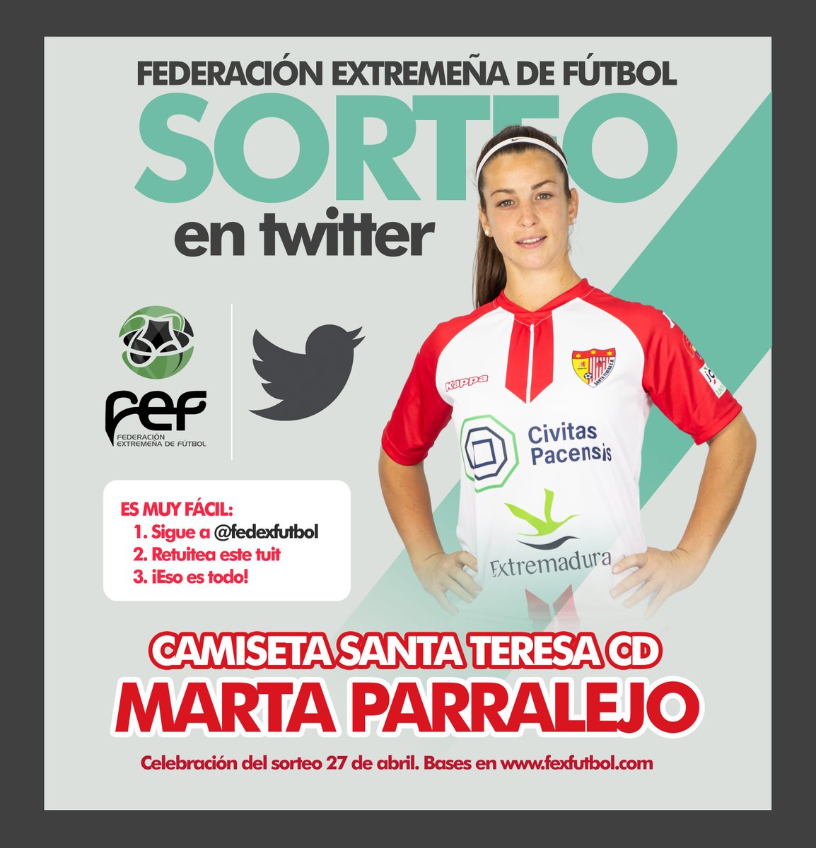 Fexfutbol (@fedexfutbol) on Twitter photo 🎲¡¡¡SORTEO!!! ✅Sigue a <a href="/FedExFutbol/">Fexfutbol</a>, 🔃retuitea este tuit y hazte con 1 CAMISETA de <a href="/martaparralejo/">Marta Parralejo</a>, la jugadora del <a href="/SantaBadajoz/">Santa Teresa C.D.</a> de #PrimeraIberdrola ¡¡¡ASÍ DE FÁCIL!!!🙈 Participa hasta el 27/4 🗣¡VAMOS! #AúpaSanta⚪🔴 #SorteosFEXF🎁 🎲¡¡¡SORTEO!!! ✅Sigue a <a href="/FedExFutbol/">Fexfutbol</a>, 🔃retuitea este tuit y hazte con 1 CAMISETA de <a href="/martaparralejo/">Marta Parralejo</a>, la jugadora del <a href="/SantaBadajoz/">Santa Teresa C.D.</a> de #PrimeraIberdrola ¡¡¡ASÍ DE FÁCIL!!!🙈 Participa hasta el 27/4 🗣¡VAMOS! #AúpaSanta⚪🔴 #SorteosFEXF🎁