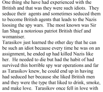 I was honestly going to cover multiple books per tweet but I just... I just can't"Her Swastika" sees the return of Tarasikov von Schlick. NAZI BARTENDER WITH LARGE HONKERSAnd guess who she's been assigned to kill? That's right, famous idiot Ian Shag