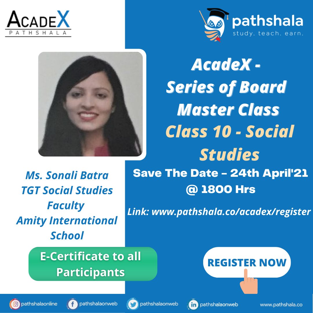 pathshalaonweb's tweet photo. Free Class 10 Social Studies - Live Master Class on AcadeX Series 

Topic : Tips, Tricks &amp; Keynotes to study for Board Exams
Speaker : Ms. Sonali Batra

Register Now : https://t.co/L4wdp44YuH

#PathshalaOnWeb #AcadexSession #Acadex #class10 #SocialStudies https://t.co/qk40jxIt6y