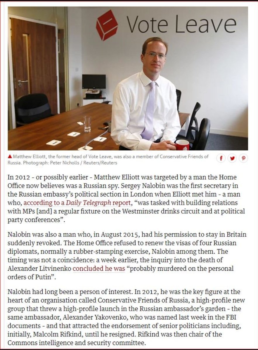 3/ Matthew Elliott was chief of Vote Leave when it broke electoral law & robbed us of a fair referendum. He should be in jail. Elliott was targeted by Russian spy Sergey Nalobin who was very quick to congratulate him on his engagement. Nalobin described Johnson as a "good friend"