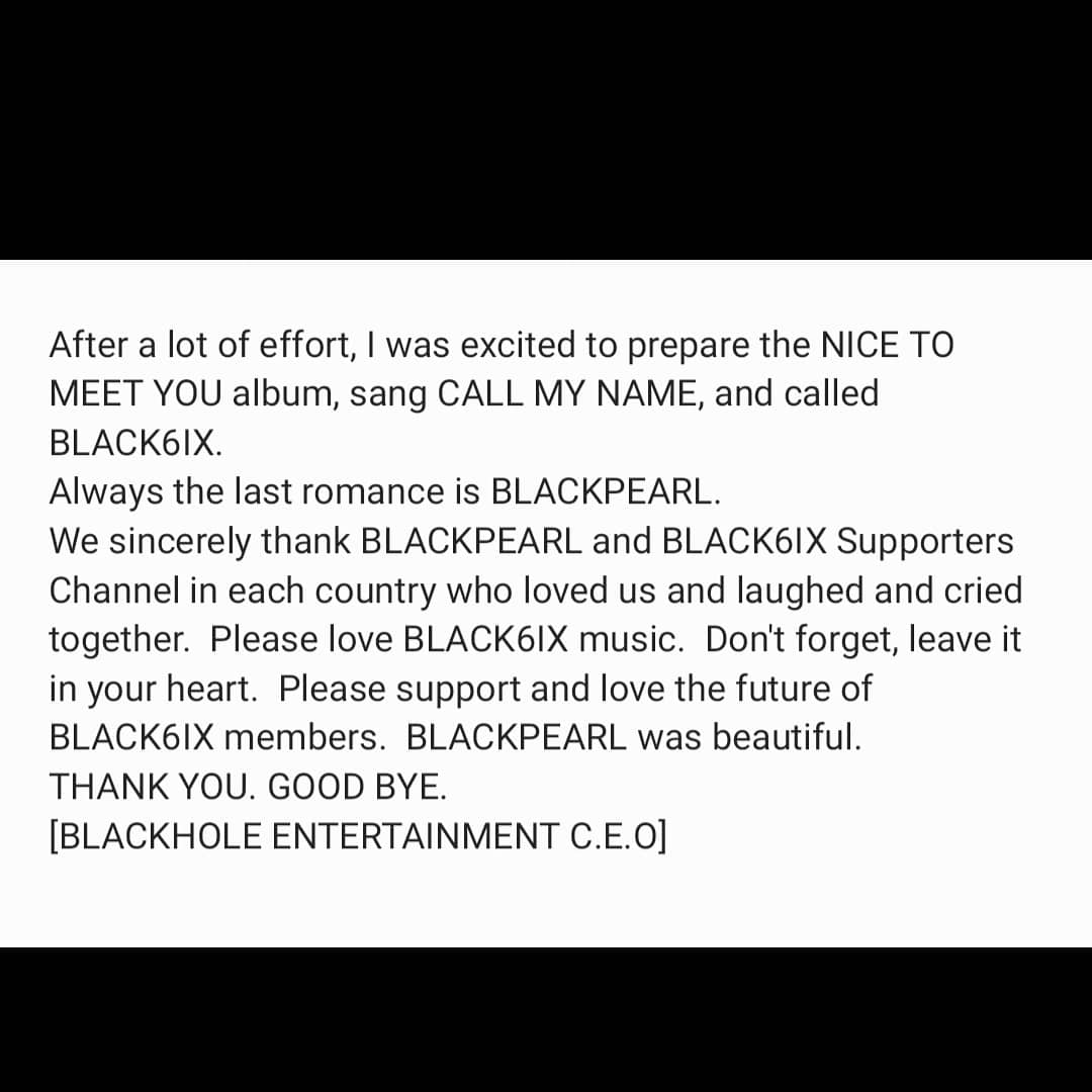 <BLACKHOLE NOTICE>
BLACK6IX 공식채널은 곧 삭제됩니다.마지막으로 여러분께 메세지를 쓰며 인사합니다.
그동안 감사했습니다.건강하시고 안녕히계세요 
#BLACK6IX #BLACKPEARL