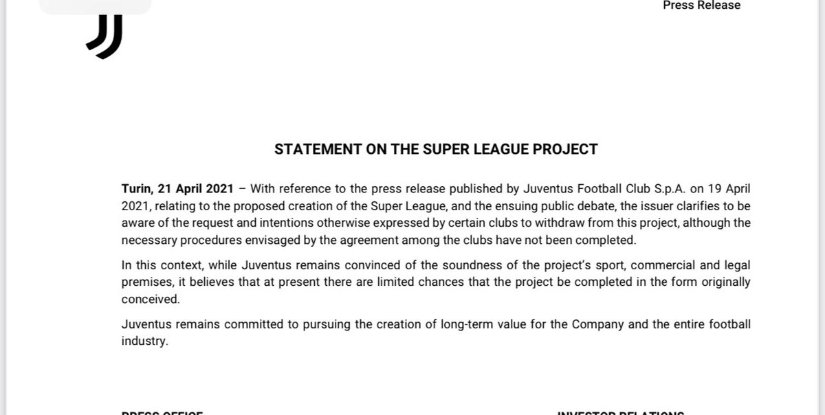 Juve remains convinced of “the soundness” of the Super League project that spectacularly collapsed 48 hours after launch.