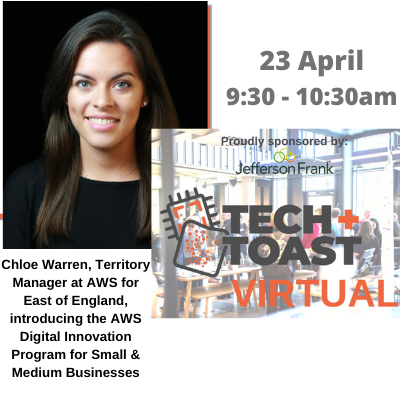 TechEastUK's tweet photo. Join us at #TechandToast Fri April 23rd at 9:30am Introducing the #AWS Digital Innovation Program for #SMEs starting on the 29th April with five days of practical learning.  @suffolkchamber @AngliaHub @norfolkchamber @techcorridoruk @NewAngliaLEP https://t.co/Q2Xwol13S0 https://t.co/1vrIPyUpxt
