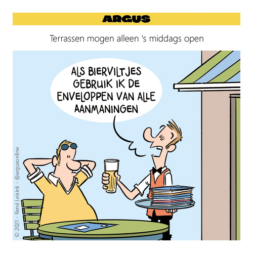 Terrassen mogen alleen 's middags open

#corona #persco #horeca #terras #cartoon