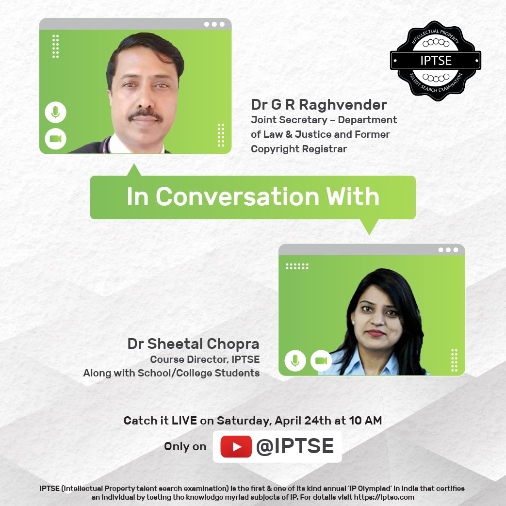 IPTSE_'s tweet photo. Join us live on 24th April at 10 AM to know the difference between plagiarism and #copyrightinfringement with @grraghavender, Joint Secretary – Department of Law & Justice and Dr Sheetal Chopra, Course Director, #IPTSE. Register here: https://t.co/stVnlQ5ZEf
#IPEdge https://t.co/8LeP9pPAb7