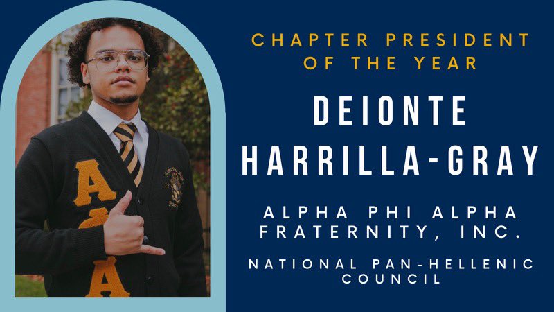 Congratulations to Deionte Harrilla-Gray of the <a href="/PiMuAlphas/">ΑΦΑ Pi Mu Chapter</a>, the 2020-2021 <a href="/NPHCWVU/">WVU NPHC</a> Chapter President of the Year!