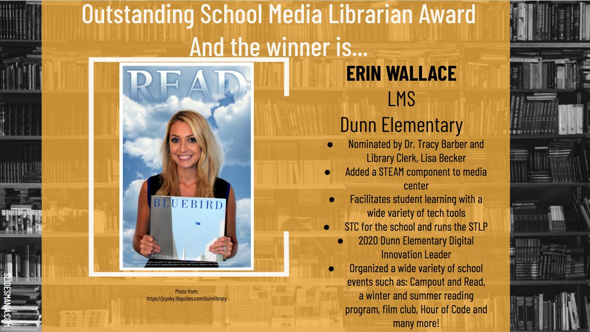 Congratulations to Erin Wallace  @LibraryDunn, JCASL's Outstanding School Media Librarian for 2021.Here are just a few of the wonderful things shared by her colleagues and students about her leadership as a 21st century librarian...Beginning of Twitter thread. 1/13