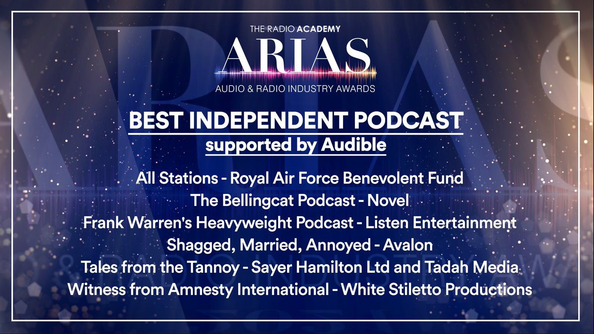 audioacademyuk's tweet photo. Nomieees for BEST INDEPENDENT PODCAST
(Supported by @AudibleUK) -
• @RAFBF
• @Bellingcat @we_are_novel_
• @frankwarren_tv @AdamCatterall @thisislisten
• @4pmWineTimeBaby @IAmChrisRamsey @avalonent
• @sayerhamilton @TadahMediaLtd
• @amnesty @cathyfitzg
#UKARIAS https://t.co/kB4r1NCxgd