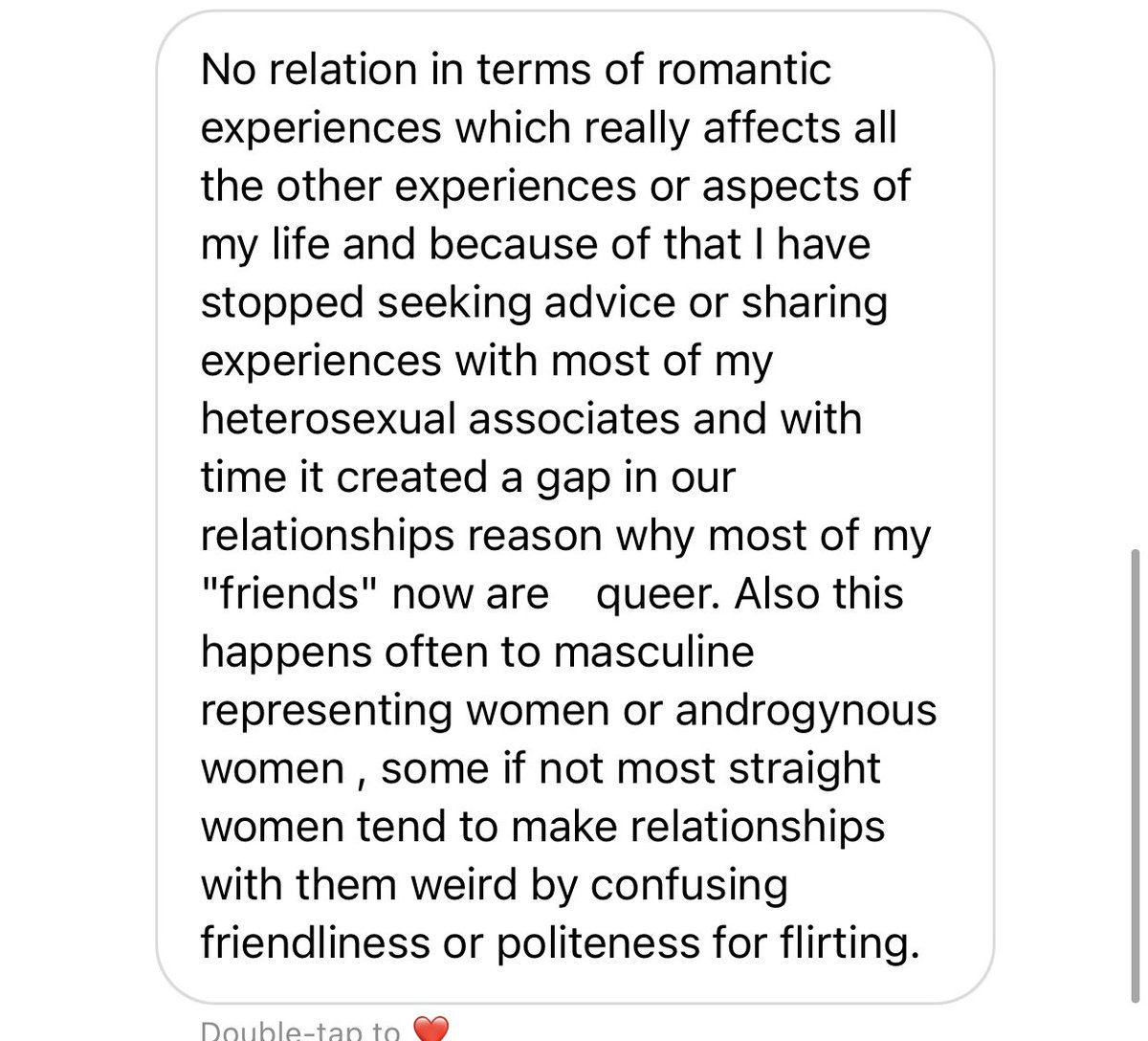 different romantic experiences and not feeling like straight women extend themselves to understand their queer friends