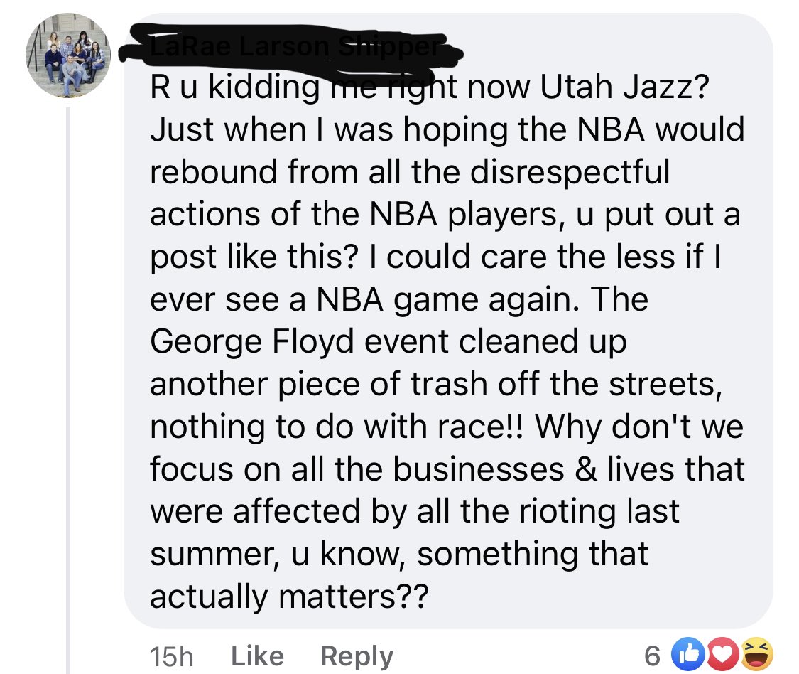 These are all comments left on the Jazz’s FB page on their statement on the Chauvin guilty verdict. I checked... these weren’t outside trolls, but people with a history of posting Jazz stuff.We can either deny racism exists in our fanbase or we can work to counteract it.