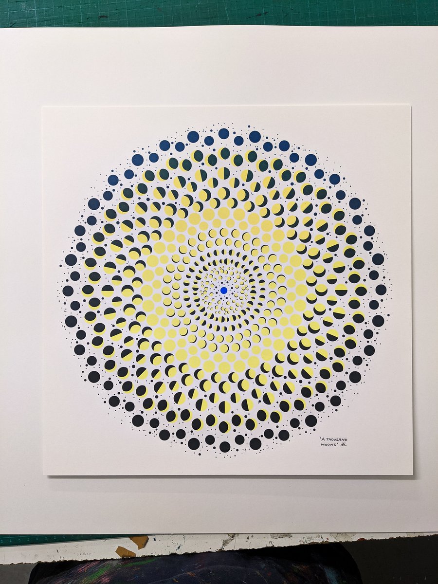 🌑 My Dad turned 80 last month. I wanted to celebrate by depicting 1000 moons, roughly the number he will have lived under up to this point. ⁠
⁠
Screenprinted in a gradation of yellow and blue-black, with our pale blue dot at the center.