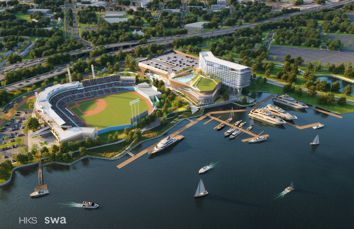 BrettHNews's tweet photo. JUST IN: @AllInNFK releases new renderings of its proposed $500M resort casino next to Harbor Park. 

Newly announced features of 300+ room hotel include rooftop bar, waterside infinity pool, luxury spa &amp; a rooftop outdoor events space. @WAVY_News https://t.co/ybbB4tzDyO
