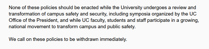The Riverside Faculty Association is calling on the proposed escalation of policing on UC campuses to be withdrawn immediately. https://senate.universityofcalifornia.edu/_files/underreview/gold-book-systemwide-review.pdfIf you are a member of the UC Faculty senate, please please email the chair of your senate TODAY with a comment.