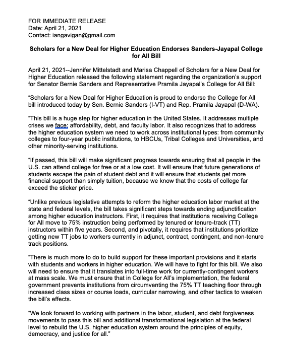 We are thrilled to endorse the  #CollegeForAll bill introduced today by  @SenSanders +  @RepJayapal. This bill is a huge step for higher education in the United States. It addresses multiple crises we face: affordability, debt, and faculty labor.  #newdealforhighered