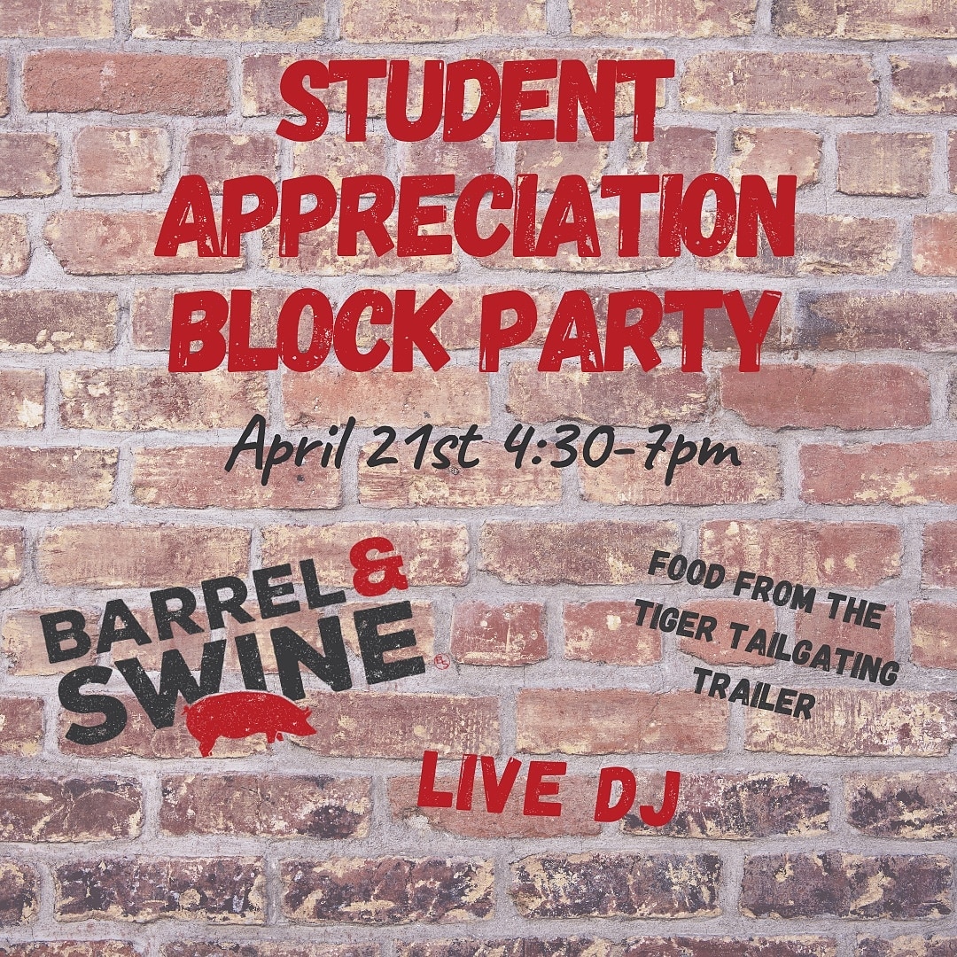 CU_dining's tweet photo. We are gearing up for an fun night tonight at the Student Appreciation Block Party! Barrel &amp; Swine and the Tiger Tailgating Trailer will be set up serving delicious dinner options! We will have a live DJ and other fun surprises! We are going to be in the Chick-fil-A parking lot! https://t.co/KvmHFbBfYc