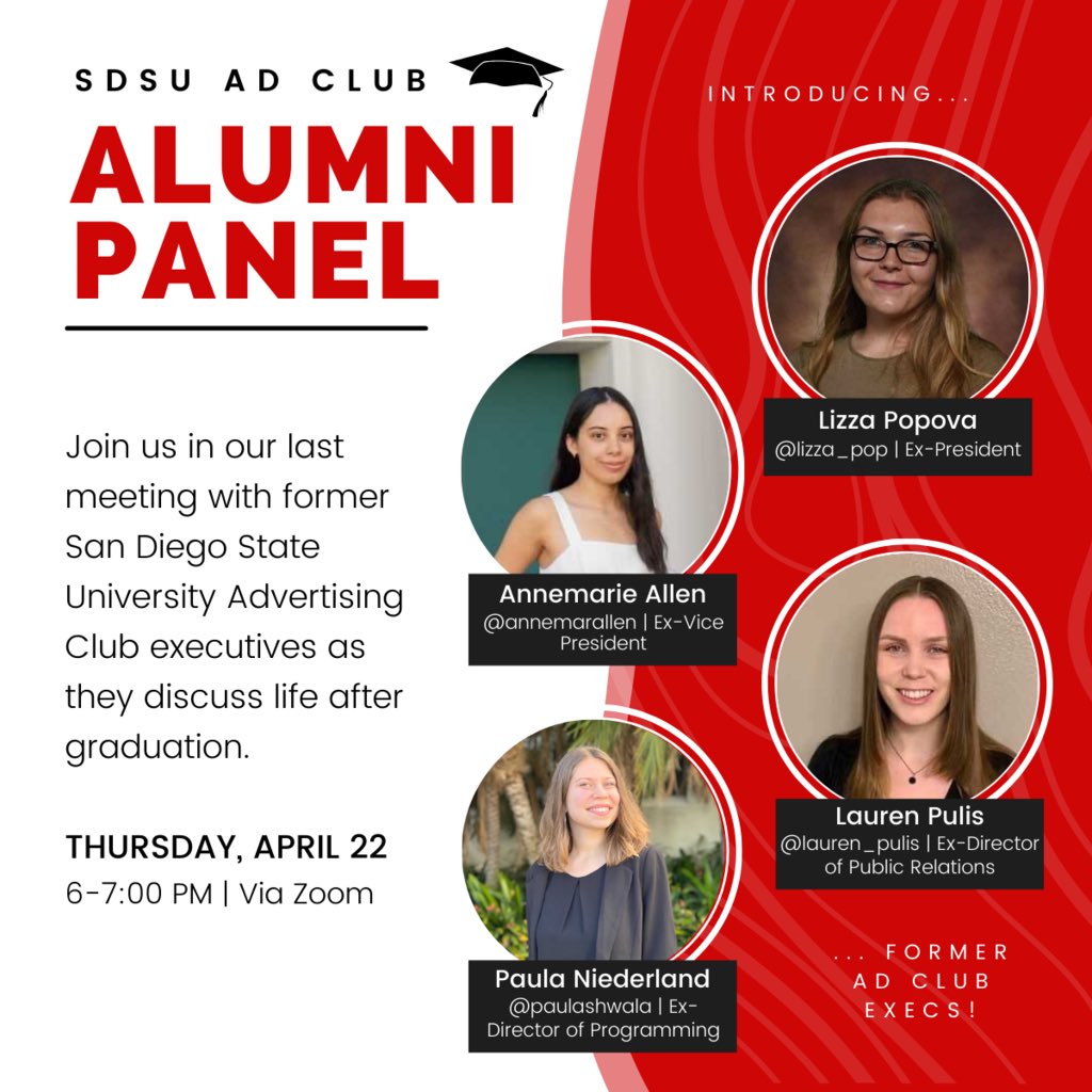 🚨LAST MEETING TOMORROW🚨

If you’re wondering about life after graduation (seniors I’m looking at you 👀) we highly recommend popping in to our last zoom meeting!

Our lovely Ad Club Alumni will be giving their best tips and advice on how to survive the real world after college!