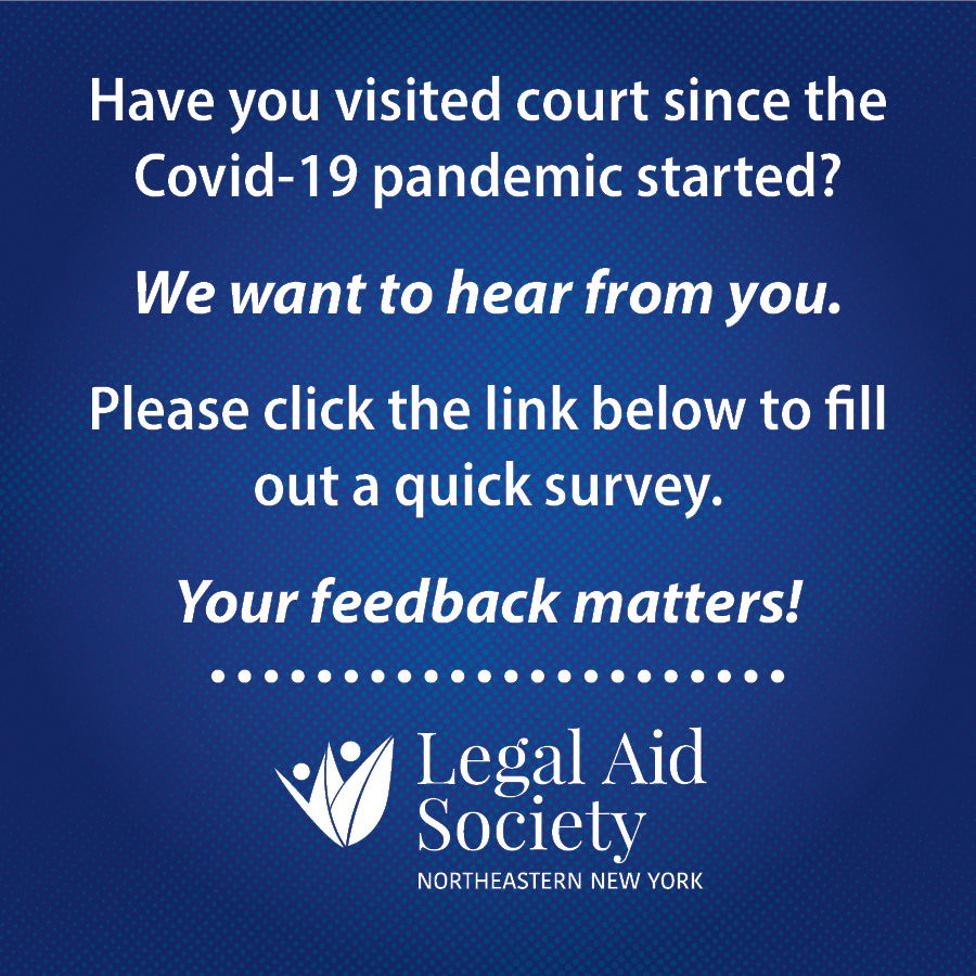 Have you visited court since the COVID-19 pandemic started? 
We want to hear from you
Please click the link below to fill out a quick survey
Your feedback matters!

English: surveymonkey.com/r/NYPCATJ-Engl…
Spanish: surveymonkey.com/r/NYPCATJ-Span…

#COVID #LASNNY #LegalAid