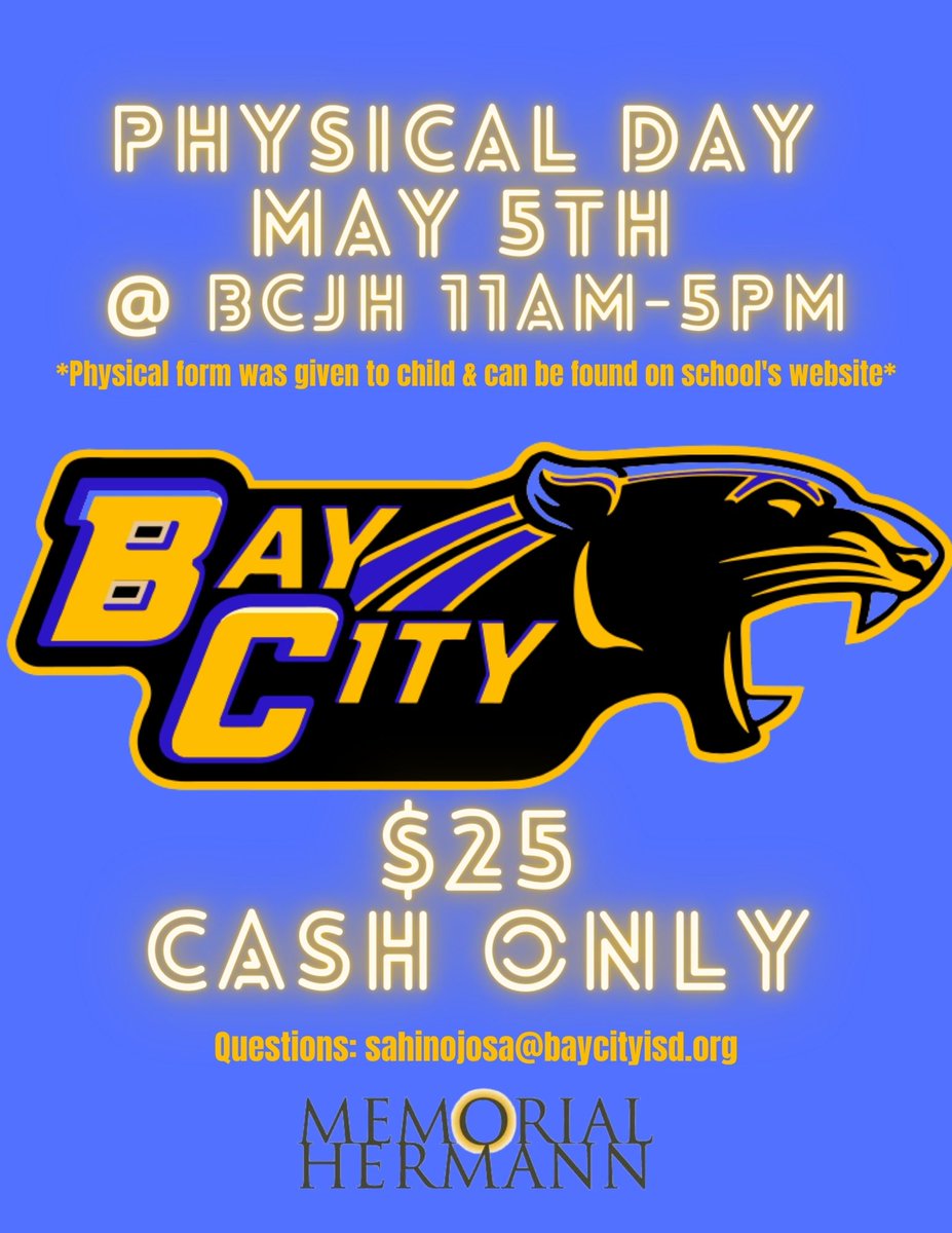 Physical time! All athletics, marching band, cheer and aristocat members for the 2021-22 school year must have a new physical
Date: Wednesday, May 5th - Cash - $25
Physical form is available on our website bcblackcats.net - athletics.