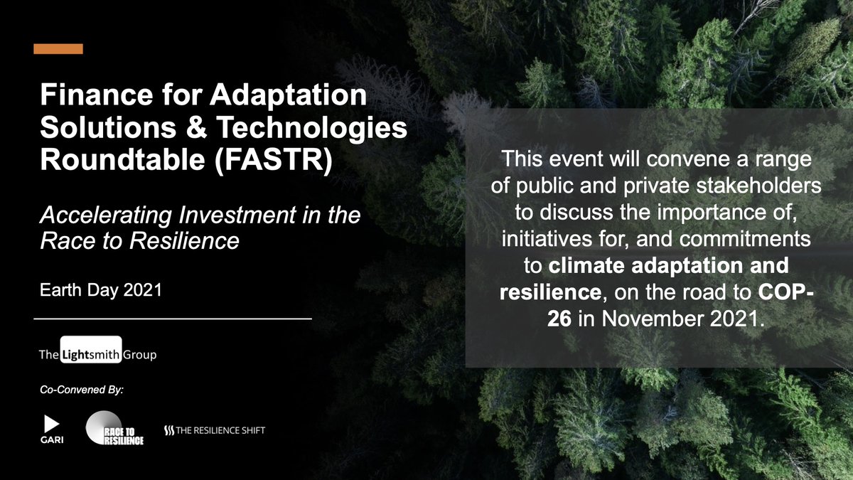 It’s time to #ScaleUp climate financing solutions for #COP26! Join our diverse panel of #GlobalClimateLeaders as they discuss adaptation & resilience commitments on #EarthDay2021. Link: us02web.zoom.us/webinar/regist…. @LightsmithGroup @resilienceshift @UNFCCC @david_delser @RositaNajmi