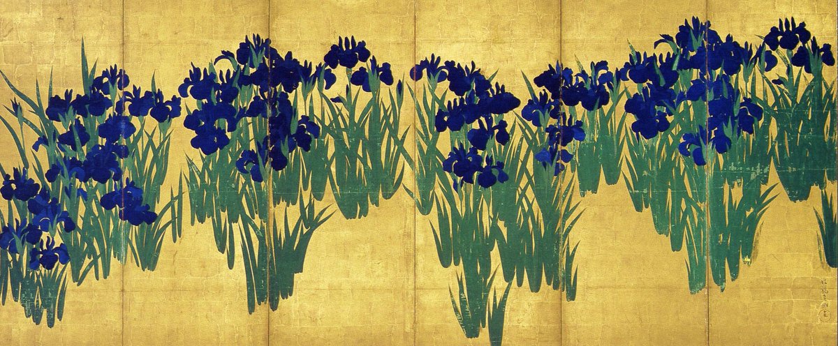 121/ "Irises" du peintre japonais Ogata Kōrin (début du 18ème siècle). Visuels pour l’exposition "Ripples of Adventure" d’Hirohiko Araki (2018).